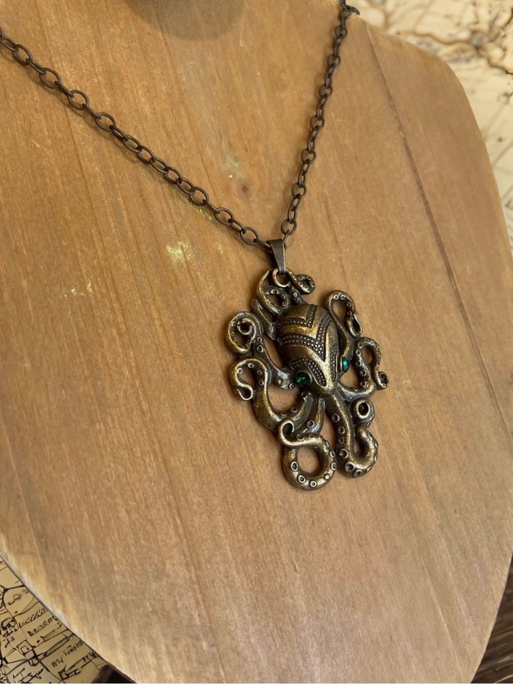 Bronze Octopus/Kraken Pendant Necklace with Green Accent Eyes - Picture 10 of 17